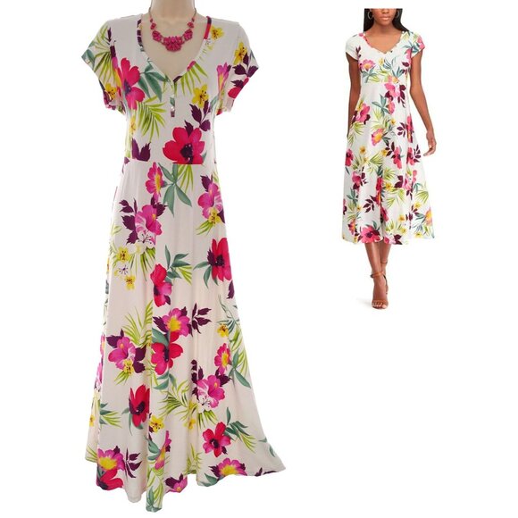 Chaps Tropical Floral Floral Print Maxi Dress Size L Summer New Cotton Vacation - Picture 1 of 5